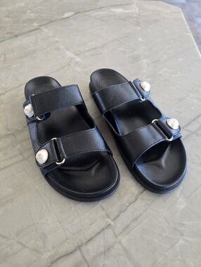 Jimmy Choo Fayence Pearl-Embellished Flats, Black Flat Slides, Size 9